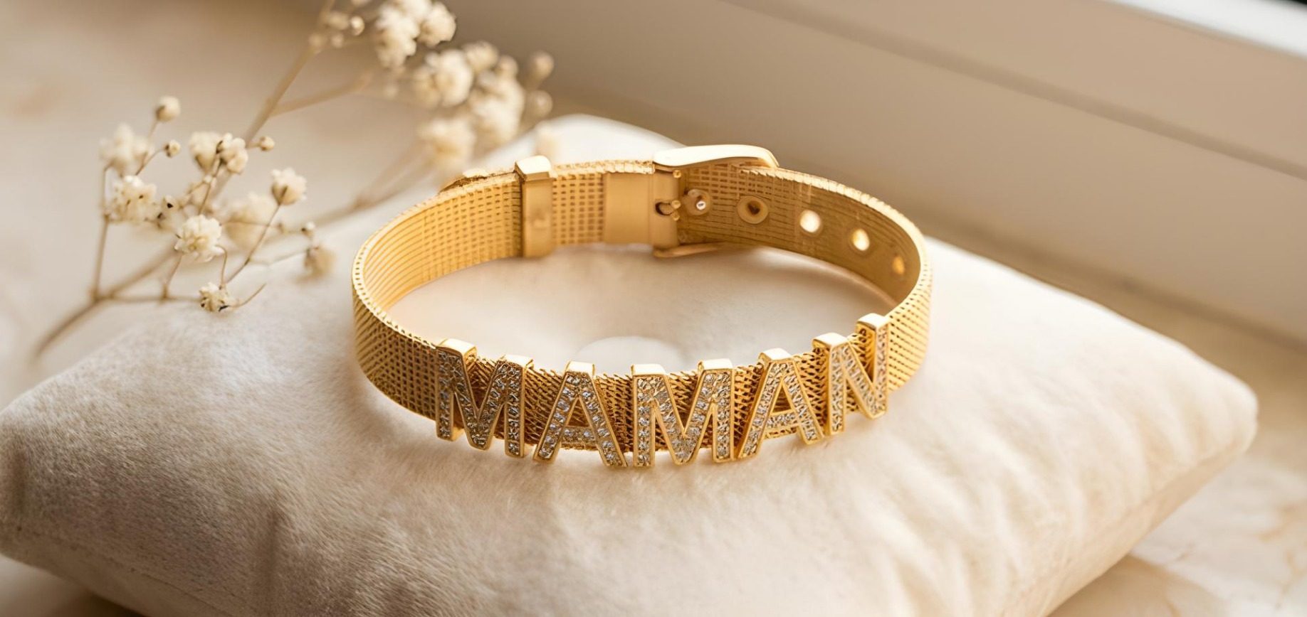 Bracelet Maman Doré - Rêve Étoilé Bracelet personnalisé Maman en maille milanaise dorée avec strass, création Rêve Étoilé.