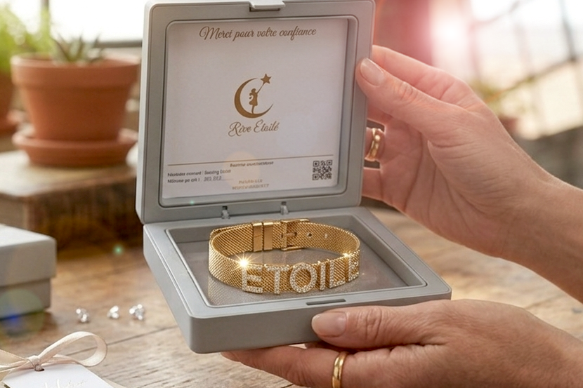 Personnaliser le Bracelet Aura en Maille Milanaise Coffret cadeau Rêve Étoilé ouvert présentant un bracelet personnalisé en maille milanaise dorée avec des lettres coulissantes en strass, ten