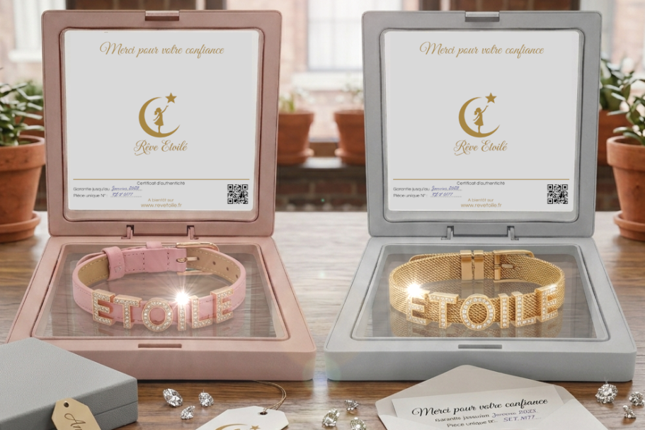 Personnaliser l'Offre Duo : Bracelets Cuir et Maille Milanaise Deux coffrets cadeaux Rêve Étoilé ouverts côte à côte, présentant un bracelet personnalisé en cuir rose et un bracelet en maille milanaise d